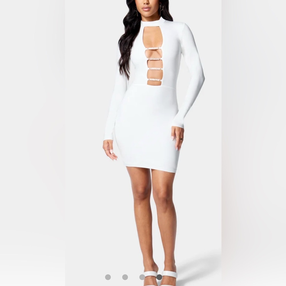 Bebe White Tan Bodycon‎ Dress with Bell Sleeves